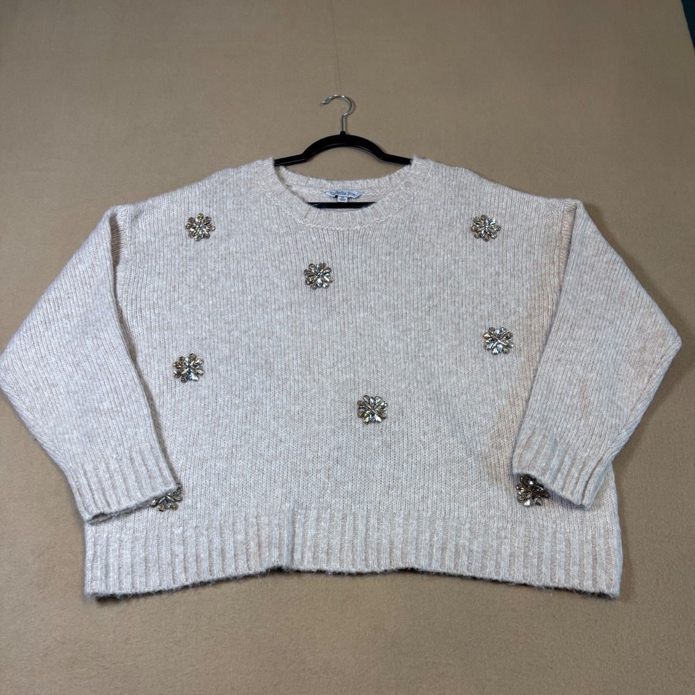 Ophelia Roe Womens 3X Beige Knit Crystal Embellished Oversized Sweater Crewneck
